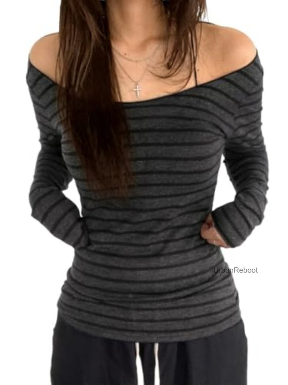 Off Shoulder Striped Long Sleeve Slim Fit Going Out Y2K Top